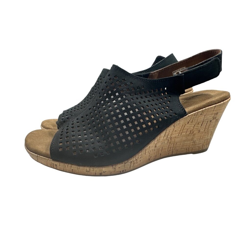 Rockport Briah Perforated Black Wedge Sandal  Size 9M  Comfortable Cork Heel - Picture 4 of 10
